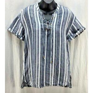 Ellen Tracy Linen Top Medium Blue Stripe Nautical Tunic Lace Short Sleeve 2562